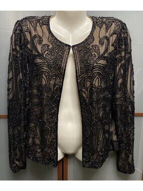 Sean Collection Vintage 80s Sz Large Black Beaded Long Sleeve Open Front Jacket
